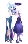  2girls absurdres ako_(blue_archive) ako_(dress)_(blue_archive) backless_dress backless_outfit bare_shoulders blue_archive blue_eyes blue_hair breasts demon_horns dress elbow_gloves gloves halo high_heels highres hina_(blue_archive) hina_(dress)_(blue_archive) horns large_breasts multiple_girls purple_eyes sideboob small_breasts smile soy_chicken white_background white_hair 