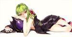  breasts c.c. cape code_geass green_hair hair_between_eyes hand_on_own_cheek helmet lips long_hair looking_at_viewer lying medium_breasts meimi_k naked_cape nude on_side simple_background smile solo white_background yellow_eyes zero_(code_geass) 