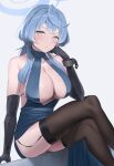  1girl ako_(blue_archive) ako_(dress)_(blue_archive) bare_shoulders black_garter_straps black_gloves black_thighhighs blue_archive blue_eyes blue_hair blue_halo blush breasts cleavage collarbone crossed_legs elbow_gloves feet_out_of_frame garter_straps gloves grey_background halo highres large_breasts looking_at_viewer medium_hair official_alternate_costume parted_lips shougun_(chuckni1) simple_background sitting solo thighhighs thighs 