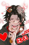  1boy acenisang0101 bead_necklace beads bishounen black_eyes black_hair black_hoodie fire freckles grey_eyes highres hood hoodie jewelry male_focus necklace one_piece portgas_d._ace smile solo tongue tongue_out 