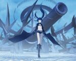  1girl 32zzz black_bra black_coat black_footwear black_gloves black_hair black_jacket black_rock_shooter black_rock_shooter_(character) black_shorts blue_eyes bra cannon coat gloves hair_between_eyes highres jacket long_sleeves navel shorts sidelocks solo twintails underwear uneven_twintails 