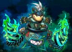  alternate_color alternate_costume alternate_eye_color alternate_hair_color armor aura bandana black_bandana black_neckerchief blue_eyes bowser_jr. claws commentary company_connection corruption crescent crossover dark_persona drill english_commentary evil_grin evil_smile facial_tattoo fierce_deity floating glowing glowing_weapon green_eyes grin highres horns junior_clown_car koopa_clown_car looking_at_viewer mario_(series) mismatched_sclera neckerchief no_pupils outstretched_arms ponytail possessed sharp smile spiked_shell spikes standing standing_on_one_leg stoic_seraphim super_mario_sunshine super_smash_bros. tattoo the_legend_of_zelda the_legend_of_zelda:_majora&#039;s_mask triangle weapon white_eyes white_hair wrist_guards 