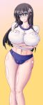  1girl aged_up arms_under_breasts ass_visible_through_thighs black_hair blue_buruma blue_eyes blush breasts buruma cameltoe closed_mouth commentary_request covered_nipples feet_out_of_frame flower gradient_background gym_shirt gym_uniform hair_between_eyes hair_flower hair_ornament huge_breasts huge_nipples juuroku long_hair looking_at_viewer midriff navel partial_commentary saten_ruiko shiny_skin shirt smile solo stomach thigh_gap thighs toaru_kagaku_no_railgun toaru_majutsu_no_index white_flower white_shirt yellow_background 