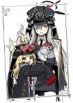  2girls absurdres animal black_coat black_headwear black_horns blonde_hair blue_archive blush cat clenched_teeth coat demon_horns gloves grey_eyes grey_hair hair_over_one_eye halo hat highres horns ibuki_(blue_archive) kurihara_sakura long_hair makoto_(blue_archive) multiple_girls open_mouth peaked_cap red_halo sketch sleeves_past_fingers sleeves_past_wrists smile teeth white_gloves yellow_eyes yellow_halo 