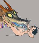  ambiguous_gender big_dom_small_sub breasts dragon duo eggplantina female human licking lying mammal nude saliva sex simple_background size_difference tongue tongue_out yellow_eyes 