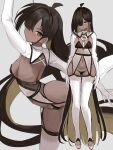  1girl ahoge black_hair blush brown_eyes cropped_jacket dark-skinned_female dark_skin full_body hair_over_one_eye highleg highleg_panties highres long_hair looking_at_viewer meme_attire navel original panties reverse_bunnysuit reverse_outfit shrug_(clothing) sketch solo stone_(ksorede) thighhighs underwear very_long_hair white_thighhighs 