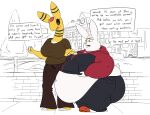 2020 3_toes aliasing ampharos anne_(thatoneaceguy) anthro asking_another barefoot bellbottoms belly belly_overhang big_belly big_breasts big_butt biped black_eyelashes black_sclera black_stripes black_sweatpants breasts brick brick_wall bridge brown_clothing brown_shirt brown_topwear building butt button_(fastener) chubby_face clock clock_tower clothed clothed_anthro clothed_female clothing countershade_torso countershading deciduous_tree detailed_background digital_drawing_(artwork) digital_media_(artwork) duo english_text evergreen_tree eyelashes facial_markings feet female female_anthro fingerless_(marking) fingerless_gloves_(marking) fingers forehead_markings fur generation_2_pokemon generation_8_pokemon gloves_(marking) grass head_markings hedge huge_belly huge_breasts huge_butt huge_thighs jeannette_(thatoneaceguy) jewelry lagomorph mammal markings midriff mitten_hands morbidly_obese morbidly_obese_anthro morbidly_obese_female navel necklace nintendo no_pupils obese obese_anthro obese_female orange_eyes outside overweight overweight_anthro overweight_female park partially_colored plant pokeball pokeball_necklace pokemon pokemon_(species) public rabbit_ears raboot red_eyes red_spots red_toes shirt shrub sidewalk simple_background spots stripes tail text thatoneaceguy thick_thighs toeless_(marking) toes topwear tree walking wall_(structure) white_background white_body white_countershading white_ears white_fur white_tail white_toes yellow_body yellow_nose