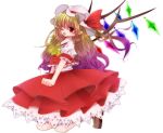  1girl alternate_hair_length alternate_hairstyle ascot blonde_hair bow brown_footwear collared_shirt crystal fang flandre_scarlet frilled_shirt_collar frilled_sleeves frilled_vest frills from_side full_body hat hat_bow hat_ribbon highres long_hair looking_at_viewer looking_to_the_side multicolored_wings one_eye_closed open_mouth petticoat pointy_ears puffy_short_sleeves puffy_sleeves red_bow red_eyes red_ribbon red_skirt red_vest ribbon ribbon-trimmed_headwear ribbon_trim shimashiro_itsuki shirt short_sleeves simple_background skirt solo touhou very_long_hair vest white_background white_shirt wings yellow_ascot 