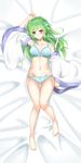  arm_up bad_id bad_pixiv_id bangs bare_shoulders barefoot bed_sheet blue_eyes blush bow bow_bra bow_panties bra breasts closed_mouth collarbone dakimakura detached_sleeves eyebrows eyebrows_visible_through_hair frog_hair_ornament full_body green_hair groin hair_ornament hair_tubes highres kochiya_sanae lace lace-trimmed_bra lace-trimmed_panties legs_together long_hair looking_at_viewer lying medium_breasts midriff navel on_back on_bed panties snake_hair_ornament solo stomach thigh_gap toenails touhou underwear wide_sleeves xianjian_lingluan 