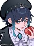  1boy alternate_costume androgynous apple aqua_eyes aqua_gemstone aqua_hair ascot black_hair black_headwear black_jacket braid food fruit genshin_impact grey_background holding holding_food holding_fruit jacket long_sleeves low_twin_braids male_focus multicolored_hair nana_illust open_mouth pink_nails red_apple shirt short_hair_with_long_locks simple_background smile solo twin_braids twitter_username venti_(genshin_impact) white_ascot white_shirt 