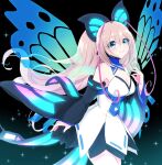  1girl aihira_(aihira12) antenna_hair azure_striker_gunvolt black_sleeves blonde_hair blue_eyes blush breasts butterfly_hair_ornament butterfly_wings cleavage detached_sleeves dress energy_wings hair_ornament highres idol insect_wings large_breasts long_hair long_sleeves lumen_(gunvolt) pink_hair white_dress wings 