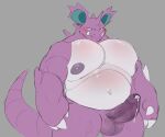 2023 anthro balls barazoku big_ears big_nipples big_pecs big_penis blush bodily_fluids claws cum cum_drip deliverymutt dripping ejaculation erection foreskin generation_1_pokemon genital_fluids genitals hands-free hi_res horn huge_pecs licking licking_lips looking_at_viewer male musclegut muscular muscular_male nidoking nintendo nipples nude pecs penis pokemon pokemon_(species) purple_body scalie solo tongue tongue_out tusks