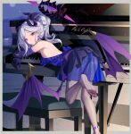  1girl absurdres bare_shoulders blue_archive blush breasts dress earrings elbow_gloves gloves hair_ribbon halo highres hina_(blue_archive) hina_(dress)_(blue_archive) horns jewelry looking_at_viewer luai medium_hair multiple_horns purple_dress purple_eyes purple_gloves ribbon small_breasts solo swept_bangs white_hair wings 
