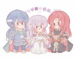  1girl 2boys black_cape blue_cape blue_eyes blue_hair brother_and_sister cape chibi circlet dress facial_mark fire_emblem fire_emblem:_genealogy_of_the_holy_war forehead_mark gloves headband highres holding_hands julia_(fire_emblem) julius_(fire_emblem) long_hair multiple_boys open_mouth ponytail purple_cape purple_eyes purple_hair red_eyes red_hair sash seliph_(fire_emblem) sesese_3110 siblings simple_background smile white_headband wide_sleeves 