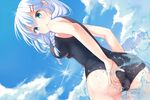  adjusting_clothes adjusting_swimsuit ass blue_eyes blue_hair braid breasts cloud day from_behind girlfriend_(kari) hair_ornament hairclip long_hair looking_back medium_breasts murakami_fumio one-piece_swimsuit open_mouth roumu school_swimsuit sky solo sun swimsuit trefoil twin_braids twintails water 