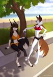  4_toes 5_fingers anthro beach canine day detailed_background digitigrade dog duo eye_contact feline female fluffy fluffy_tail lynx mammal midriff navel outside red_eyes seaside shoreline sky smile spefides toes tree water wide_hips 