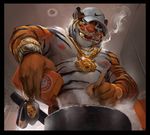  2016 5_fingers absurd_res anthro armpits athletic cigarette clothed clothing cooking curtains day digital_media_(artwork) feline front_view hat hi_res inside jewelry looking_down low-angle_view male mammal necklace nipples orange_eyes smoke smoking solo stripes tacklebox teeth tiger tongue tongue_out topless window 
