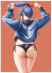  1girl arms_up artist_logo ass ass_focus automatic_giraffe black_panties blue_hair blue_sweater border facing_away fire_emblem fire_emblem_awakening from_behind hair_tie high_ponytail highres long_hair lucina_(fire_emblem) panties side-tie_panties solo sweater thighs tiara tying_hair underwear white_border 