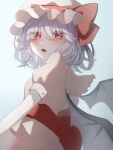  1girl bat_wings hair_between_eyes hat hat_ribbon highres hisu_(hisu_) looking_at_viewer mob_cap puffy_short_sleeves puffy_sleeves red_eyes red_ribbon remilia_scarlet ribbon short_hair short_sleeves skirt solo touhou wings 