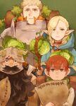  1girl 3boys armor bag beard black_eyes blonde_hair blue_capelet braid breastplate brown_eyes brown_hair cabbage capelet carrot chilchuck_tims choker dungeon_meshi dwarf elf facial_hair food frown gorget green_background green_eyes halfling highres holding holding_bag holding_food holding_staff holding_vegetable hood laios_thorden long_beard looking_ahead looking_at_viewer looking_to_the_side marcille_donato multiple_boys neck_warmer pauldrons pointy_ears red_choker red_ribbon ribbon senshi_(dungeon_meshi) shoulder_armor sleeping_bag sssn808 staff vegetable very_long_beard yellow_eyes 