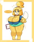 2024 animal_crossing anthro big_breasts blonde_hair breasts canid canine canis cleavage clipboard clothed clothing dipstick_tail domestic_dog emanata english_text female hair hand_on_hip holding_clipboard holding_object isabelle_(animal_crossing) looking_at_viewer mammal markings nintendo shih_tzu short_stack solo speech_bubble startop tail tail_markings talking_to_viewer text thick_thighs toy_dog