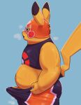 absurd_res anthro blush bodily_fluids bulge clothed clothing cosplay_pikachu_(costume) erection erection_under_clothing generation_1_pokemon genital_fluids genitals hi_res kyomiqc male mammal nintendo overweight overweight_male penis pikachu pikachu_libre pokemon pokemon_(species) precum rodent slightly_chubby solo sportswear sweat tenting tight_clothing yellow_body