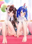  2girls absurdres ahoge amamiya_kokoro amamiya_kokoro_(8th_costume) animal_ears balloon barefoot bear_ears black_necktie blue_hair blue_nails blurry blurry_background blush brown_footwear brown_hair collared_shirt couch crossed_bangs double-parted_bangs eyelashes fake_animal_ears feet full_body grey_hair grey_skirt hair_ornament hands_up highres holding holding_shoes knees_together_feet_apart knees_up kou_futoshi legs loafers long_hair looking_at_viewer miniskirt multicolored_hair multiple_girls nail_polish necktie nijisanji on_couch open_mouth panties partially_visible_vulva pink_hair pink_panties plaid plaid_skirt rabbit_ears red_eyes shirt shoes sitting skirt soles spread_toes streaked_hair thighs toenail_polish toenails toes twintails two-tone_hair two_side_up underwear unworn_shoes virtual_youtuber white_shirt window x_hair_ornament yellow_eyes yorumi_rena yorumi_rena_(11th_costume) 