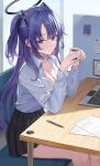  1girl :o absurdres black_skirt blue_archive breasts cleavage coffee_cup computer cup disposable_cup doodle_sensei_(blue_archive) elbow_rest halo highres holding holding_cup kitin laptop large_breasts long_hair looking_at_viewer paper pen purple_eyes purple_hair sensei_(blue_archive) shirt skirt solo thighs two_side_up very_long_hair white_shirt yuuka_(blue_archive) 