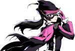  1girl black_hair black_mask buttons domino_mask gloves hat_feather highres long_sleeves mask neckerchief noge_tomoko official_art persona persona_5 persona_5:_the_phantom_x pink_gloves pink_shirt puffy_long_sleeves puffy_sleeves shirt 