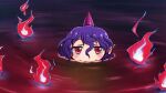  1girl bags_under_eyes blood blush drinking fireball half-closed_eyes head_only highres horns partially_submerged pointy_ears purple_hair red_eyes red_ocean single_horn smile solo tenkajin_chiyari touhou zanika 