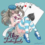  abazu-red alice_(wonderland) alice_in_wonderland blue_footwear boko_(girls_und_panzer) card cosplay frilled_skirt frills garter_straps girls_und_panzer gloves hat highres image_sample lolita_fashion long_hair looking_at_viewer mary_janes military_hat nose_art panties petticoat playing_card poker shimada_arisu shoes skirt solo striped striped_legwear striped_panties thighhighs twitter_sample twitter_username underwear 