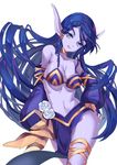  :q arabian_clothes bangs blue_hair blue_skin braid breasts bustier detached_sleeves duzie_e flower hair_tubes hand_on_hip highres large_breasts long_hair looking_at_viewer navel pelvic_curtain pointy_ears rose silver_eyes solo tongue tongue_out very_long_hair white_flower white_rose 