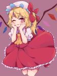  1girl ;) ascot bow closed_mouth collared_shirt flandre_scarlet frilled_shirt_collar frilled_skirt frills hair_between_eyes hair_over_one_eye hands_on_own_cheeks hands_on_own_face happy hat hat_bow light_smile looking_at_viewer mao_hinata mob_cap multicolored_wings one_eye_closed one_side_up pink_background puffy_short_sleeves puffy_sleeves red_bow red_footwear red_skirt red_vest shirt short_sleeves simple_background skirt skirt_set smile solo touhou vest white_headwear white_shirt wings yellow_ascot 