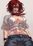  1girl abs absurdres alternate_costume bandana_around_neck breasts cleavage collarbone front-tie_top halterneck highres large_breasts lips lipstick makeup mature_female midriff muscular muscular_female navel pants red_eyes red_hair shirt short_hair simple_background snk solo standing stomach sunglasses syachiiro the_king_of_fighters vanessa_(kof) 