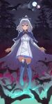  1girl absurdres ahoge bat_(animal) blue_capelet blue_eyes blue_footwear blue_ribbon boots capelet closed_mouth dress e_ga_ku flora_(isekai_nonbiri_nouka) forest frilled_dress frills full_body gem glowing grey_hair hair_between_eyes hair_ribbon highres isekai_nonbiri_nouka jewelry light_blush looking_at_viewer multiple_moons nature night night_sky pointy_ears ribbon ring short_hair sky smile solo star_(sky) starry_sky thigh_boots vampire white_dress 