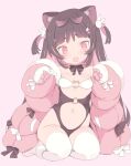  1girl animal_ears animal_hands blade_(galaxist) bow_choker brown_hair cat_ears cat_girl clothing_cutout fang flat_chest gloves hair_ornament highres long_hair nekoyama_nae oversized_clothes paw_gloves skin_fang stomach_cutout toranoana 