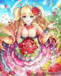  :d aqua_eyes bangs blonde_hair bouquet bow breasts carnation cleavage cloud collar company_name copyright_name day dress drill_hair flower flower_necklace gio_(maroon0924) hair_bow hair_flower hair_ornament hand_up holding holding_bouquet jewelry large_breasts layered_dress light_rays long_hair looking_at_viewer multicolored multicolored_clothes multicolored_dress necklace open_mouth outdoors petals rainbow ringlets sky smile solo strapless strapless_dress sunbeam sunlight tenkuu_no_crystalia twin_drills twintails very_long_hair watermark web_address wristband 