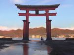  architecture bicycle blue_sky day east_asian_architecture from_behind ground_vehicle guweiz itsukushima_shrine mountain original outdoors real_world_location scenery skirt sky socks solo standing torii very_wide_shot white_legwear 