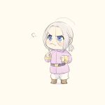  1boy :t arslan arslan_senki belt blush boots chibi clenched_hands closed_mouth full_body grey_hair hair_between_eyes jacket kayori_(omochi) long_sleeves looking_up male_focus pants parted_bangs ponytail pout puff_of_air purple_jacket simple_background solo white_background white_pants 