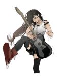  1girl black_hair black_skirt black_thighhighs boots boyshort_panties closed_eyes electric_guitar final_fantasy final_fantasy_vii final_fantasy_vii_remake guitar holding holding_guitar holding_instrument instrument long_hair music playing_instrument pudelmudel shirt skirt solo sports_bra tank_top thighhighs tifa_lockhart white_shirt 