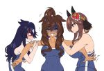  3girls anger_vein animal_ears arm_grab bare_shoulders blue_hair braid breasts brown_hair cleavage closed_eyes collarbone commentary competition_school_swimsuit covered_navel dark-skinned_female dark_blue_hair dark_skin ear_ornament ears_back ears_down flying_sweatdrops folded_ponytail fukuro_(maruaru00) gentildonna_(umamusume) hair_between_eyes hair_intakes hair_ornament heart heart_hair_ornament highres horse_ears horse_girl jealous king_kamehameha_(umamusume) long_hair mole mole_under_eye multicolored_hair multiple_girls nervous_sweating red_eyes school_swimsuit sidelocks simple_background sweat swimsuit two-tone_hair umamusume verxina_(umamusume) wavy_hair white_background white_hair 