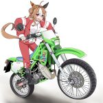  1girl absurdres animal_ears blush brown_hair copano_rickey_(umamusume) dirtbike ear_covers gokiburi_(hosan_dango) hair_bun highres horse_ears horse_girl horse_tail jacket kawasaki kawasaki_kdx125 motor_vehicle motorcycle multicolored_clothes multicolored_jacket open_mouth pants red_eyes red_jacket red_pants shadow single_ear_cover single_side_bun smile solo tail track_suit two-tone_jacket umamusume v-shaped_eyebrows vehicle_focus white_background white_jacket 