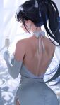  1girl ass backless_dress backless_outfit bare_back bare_shoulders black_hair blue_archive blue_eyes breasts champagne_flute commentary_request cup dress drinking_glass earrings fh_moya highres holding holding_cup jewelry large_breasts long_hair ponytail saori_(blue_archive) sidelocks solo upper_body very_long_hair white_dress 