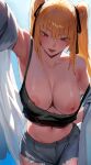  1girl absurdres armpits bare_shoulders black_ribbon blonde_hair blue_background blue_eyes blue_shorts blush breasts cleavage collarbone denim denim_shorts hair_between_eyes hair_ribbon highres jacket large_breasts long_hair looking_at_viewer navel nipples no_bra open_mouth original ribbon rororo short_shorts shorts smile solo strap_slip twintails white_jacket 
