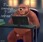 2024 anthro balls bear belly blush brown_body brown_fur dialogue english_text erection eyewear fur genitals glasses hi_res male mammal navel overweight overweight_male penis sitting solo text warmbrr
