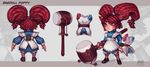  alternate_costume alternate_hairstyle animal_ears apron artist_name blush_stickers brown_eyes buckler buttons character_name concept_art denden_daiko dress fang highres kienan_lafferty league_of_legends multiple_views pillow poppy rattle_drum red_hair shield striped striped_legwear turnaround twintails yarn 