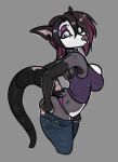 american_opossum anthro armpit_hair big_breasts big_butt blue_eyes body_hair bottomwear breasts butt clothed clothing crop_top denim denim_bottomwear denim_clothing dressing eyebrow_piercing eyeshadow facial_piercing female fur grey_body grey_fur hairless_tail hi_res highlights_(coloring) jeans layla_(sloshum) makeup mammal marsupial notched_ear pants piercing purple_eyeshadow shirt simple_background sloshum solo tail thick_tail thong topwear undersized_clothing underwear virginia_opossum