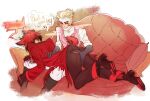  2boys alastor_(hazbin_hotel) ass_grab blonde_hair blush couch demon_boy grin hazbin_hotel highres looking_at_another lucifer_(hazbin_hotel) multiple_boys pants red_hair sitting smile suit williamsbowtie_(quiritum) yaoi 