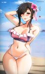  1girl absurdres alternate_costume bare_arms beach bikini black_hair blurry blurry_background blush breasts cleavage cowboy_shot final_fantasy final_fantasy_vii flower frilled_bikini frills hair_flower hair_ornament hibiscus highres large_breasts long_hair looking_at_viewer mystyhw navel official_alternate_hairstyle outdoors patreon_username red_eyes side-tie_bikini_bottom solo swimsuit tifa_lockhart web_address 