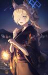  1girl absurdres animal_ear_fluff animal_ears black_kimono blonde_hair blue_archive blue_eyes blue_halo dated extra_ears hair_over_one_eye halo highres holding_fireworks japanese_clothes kanna_(blue_archive) kimono long_hair long_sleeves m0_0m_c obi sash solo twitter_username wide_sleeves 